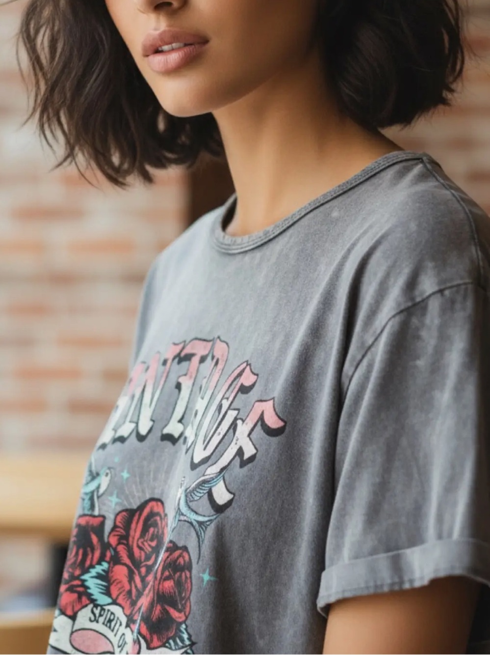 ShopEvelynne Gray Graphic Tee with Red Rose Print